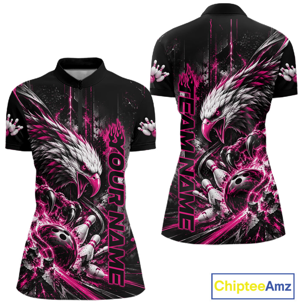 Custom Pink Grunge Eagle Bowling Women Quarter-Zip Shirt, Team League Shirt Bowlers IPHW12433