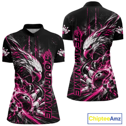 Custom Pink Grunge Eagle Bowling Women Quarter-Zip Shirt, Team League Shirt Bowlers IPHW12433