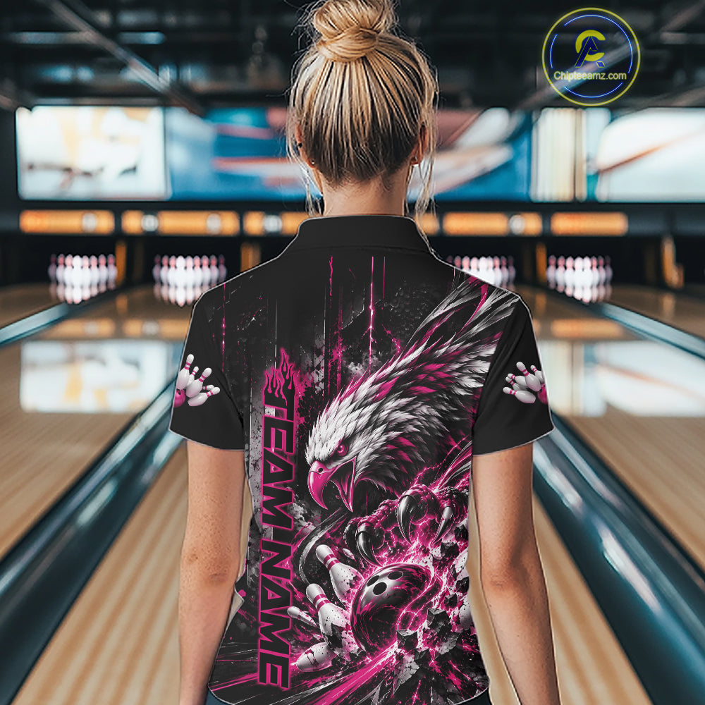 Custom Pink Grunge Eagle Bowling Women Quarter-Zip Shirt, Team League Shirt Bowlers IPHW12433