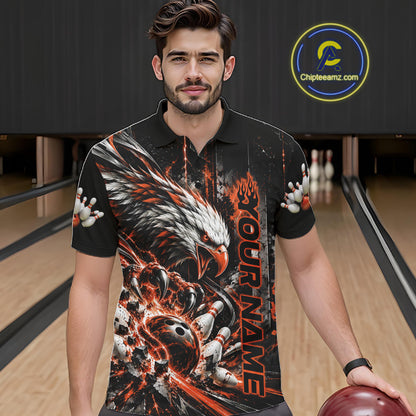 Custom Orange Grunge Eagle Bowling Men Polo Shirt, Team League Shirt Bowlers Outfit IPHW12434