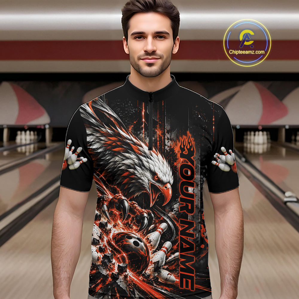 Custom Orange Grunge Eagle Bowling Men Quarter Zip Shirt, Team League Shirt Bowlers Outfit IPHW12434