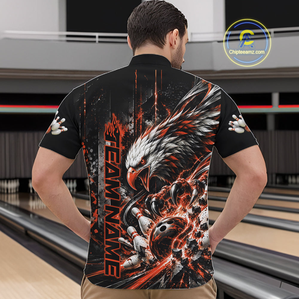 Custom Orange Grunge Eagle Bowling Men Quarter Zip Shirt, Team League Shirt Bowlers Outfit IPHW12434