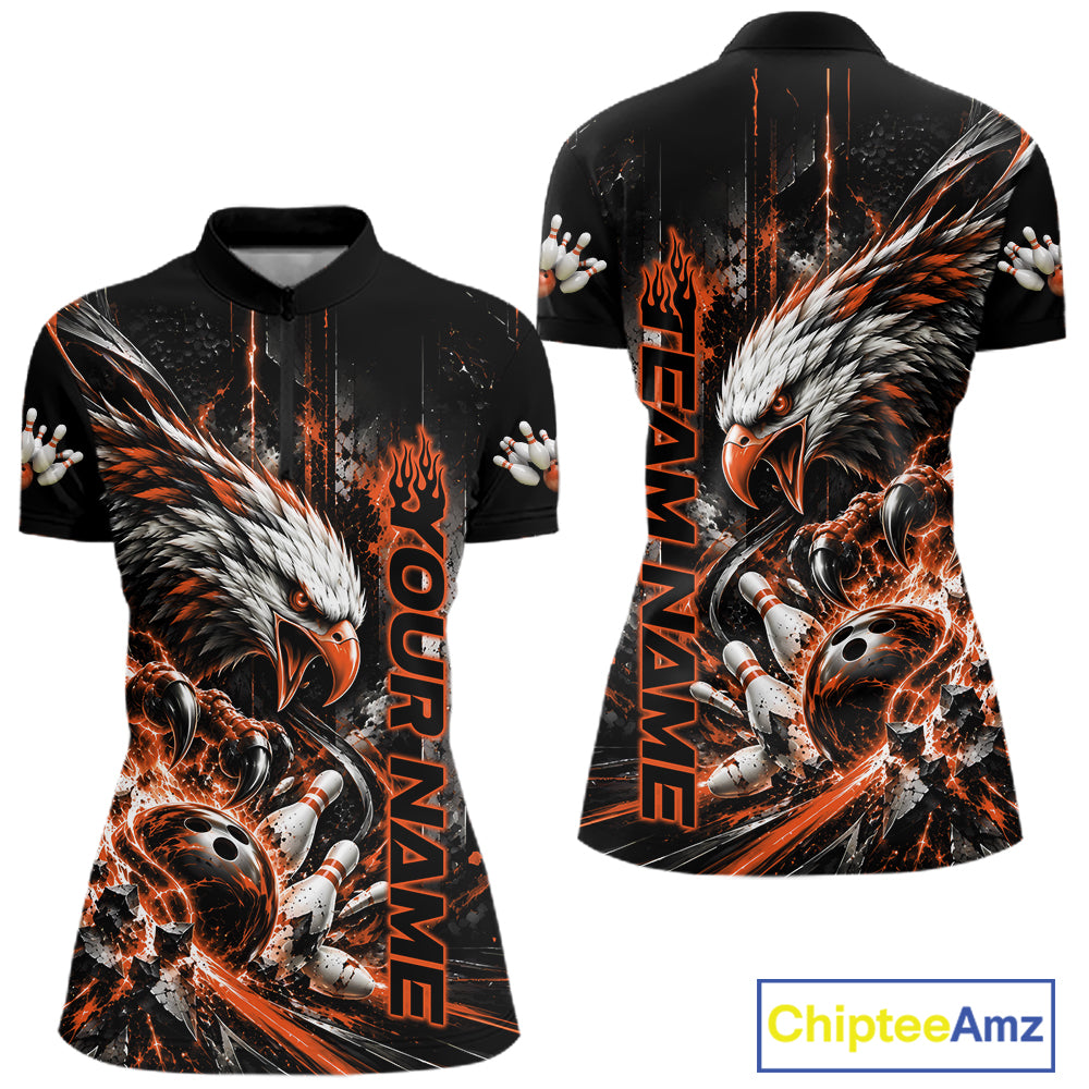 Custom Orange Grunge Eagle Bowling Women Quarter-Zip Shirt, Team League Shirt Bowlers IPHW12434