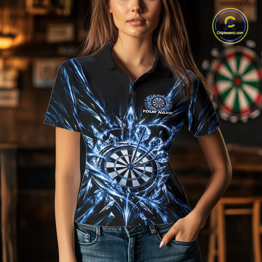 Custom Blue Crystal Ice Dart Team Women Polo Shirt, Dart Jersey Dart League Shirt IPHW12452