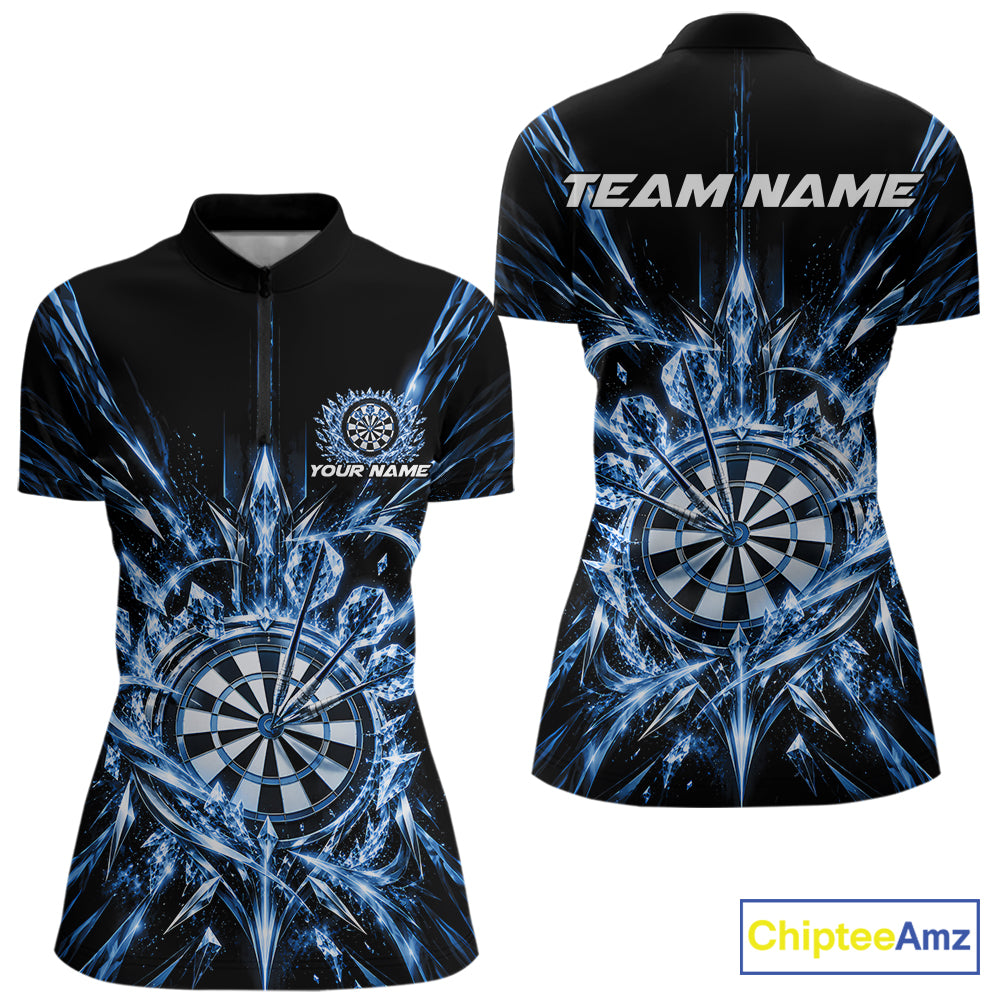 Custom Blue Crystal Ice Dart Team Women Quarter-Zip Shirt, Dart Jersey Dart League Shirt IPHW12452