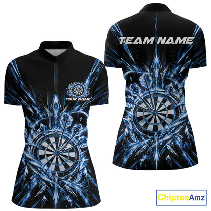 Custom Blue Crystal Ice Dart Team Women Quarter-Zip Shirt, Dart Jersey Dart League Shirt IPHW12452