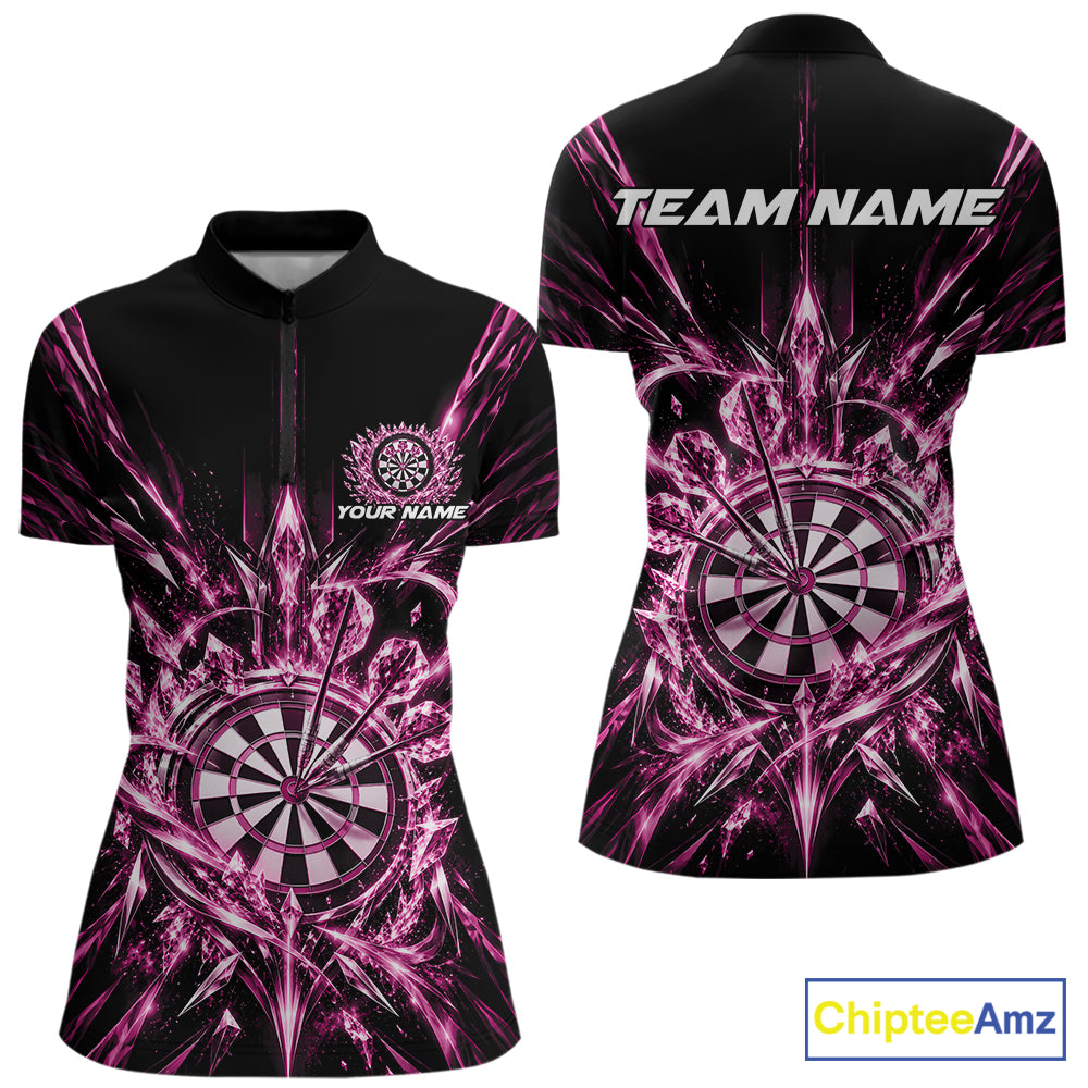 Custom Pink Crystal Ice Dart Team Women Quarter-Zip Shirt, Dart Jersey Dart League Shirt IPHW12454