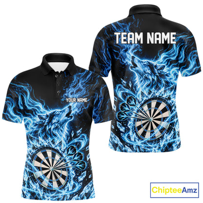 Custom Blue Flame Wolf Dart Team Men Polo Shirt, Crystal Ice Dartboard Shirt IPHW12458