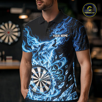 Custom Blue Flame Wolf Dart Team Men Polo Shirt, Crystal Ice Dartboard Shirt IPHW12458