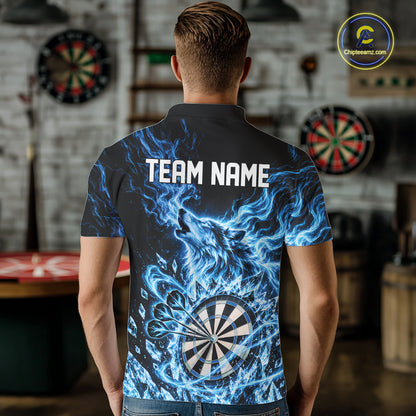 Custom Blue Flame Wolf Dart Team Men Polo Shirt, Crystal Ice Dartboard Shirt IPHW12458