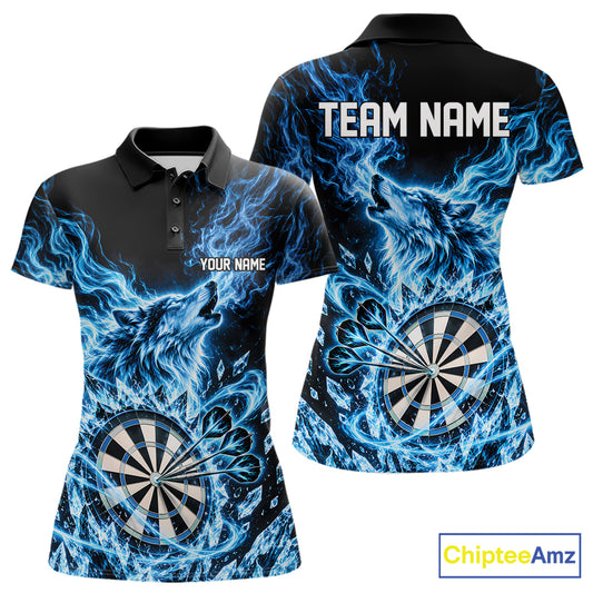 Custom Blue Flame Wolf Dart Team Women Polo Shirt, Crystal Ice Dartboard Shirt IPHW12458