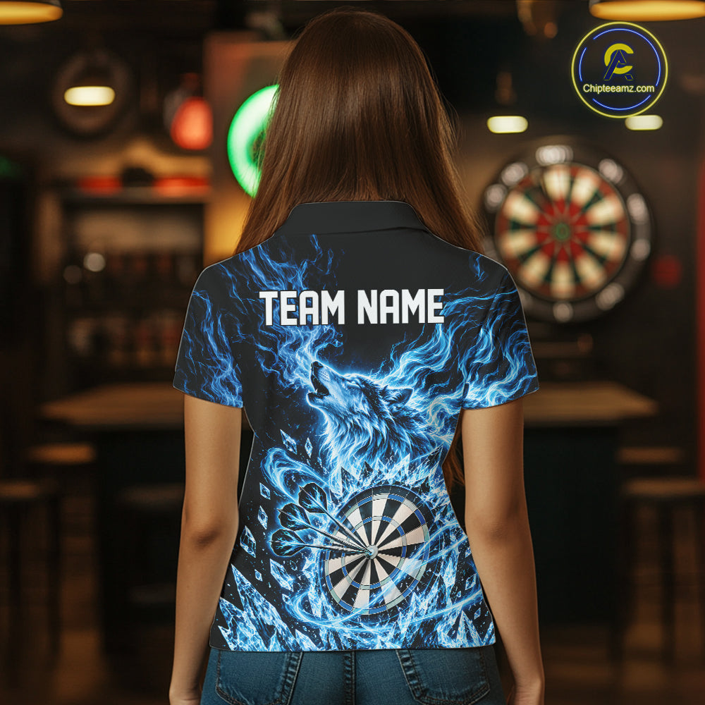 Custom Blue Flame Wolf Dart Team Women Polo Shirt, Crystal Ice Dartboard Shirt IPHW12458