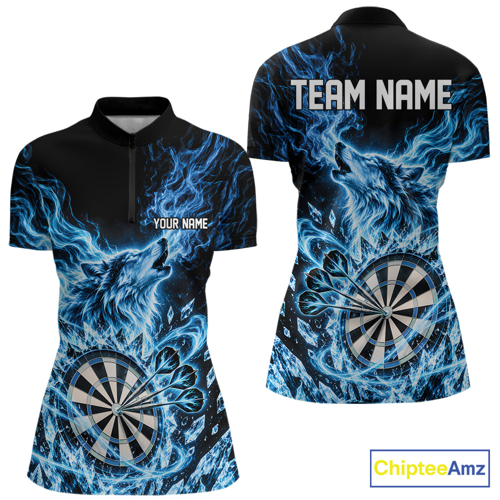 Custom Blue Flame Wolf Dart Team Women Quarter-Zip Shirt, Crystal Ice Dartboard Shirt IPHW12458