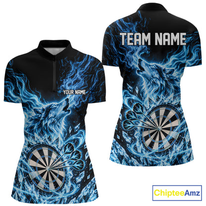Custom Blue Flame Wolf Dart Team Women Quarter-Zip Shirt, Crystal Ice Dartboard Shirt IPHW12458