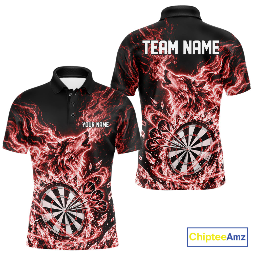 Custom Red Flame Wolf Dart Team Men Polo Shirt, Crystal Ice Dartboard Shirt IPHW12459
