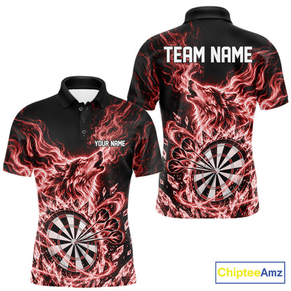 Custom Red Flame Wolf Dart Team Men Polo Shirt, Crystal Ice Dartboard Shirt IPHW12459