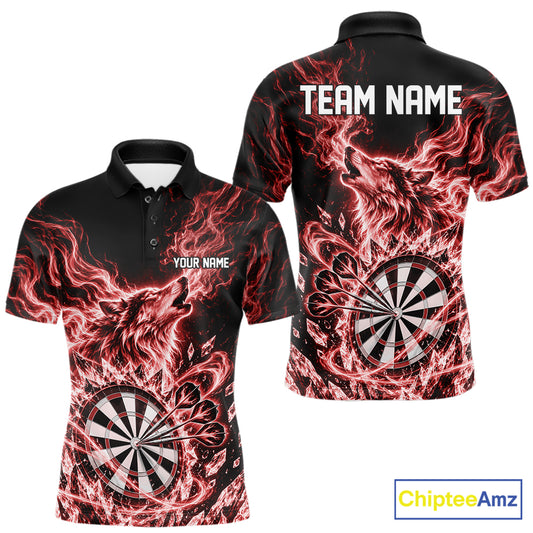 Custom Red Flame Wolf Dart Team Men Polo Shirt, Crystal Ice Dartboard Shirt IPHW12459