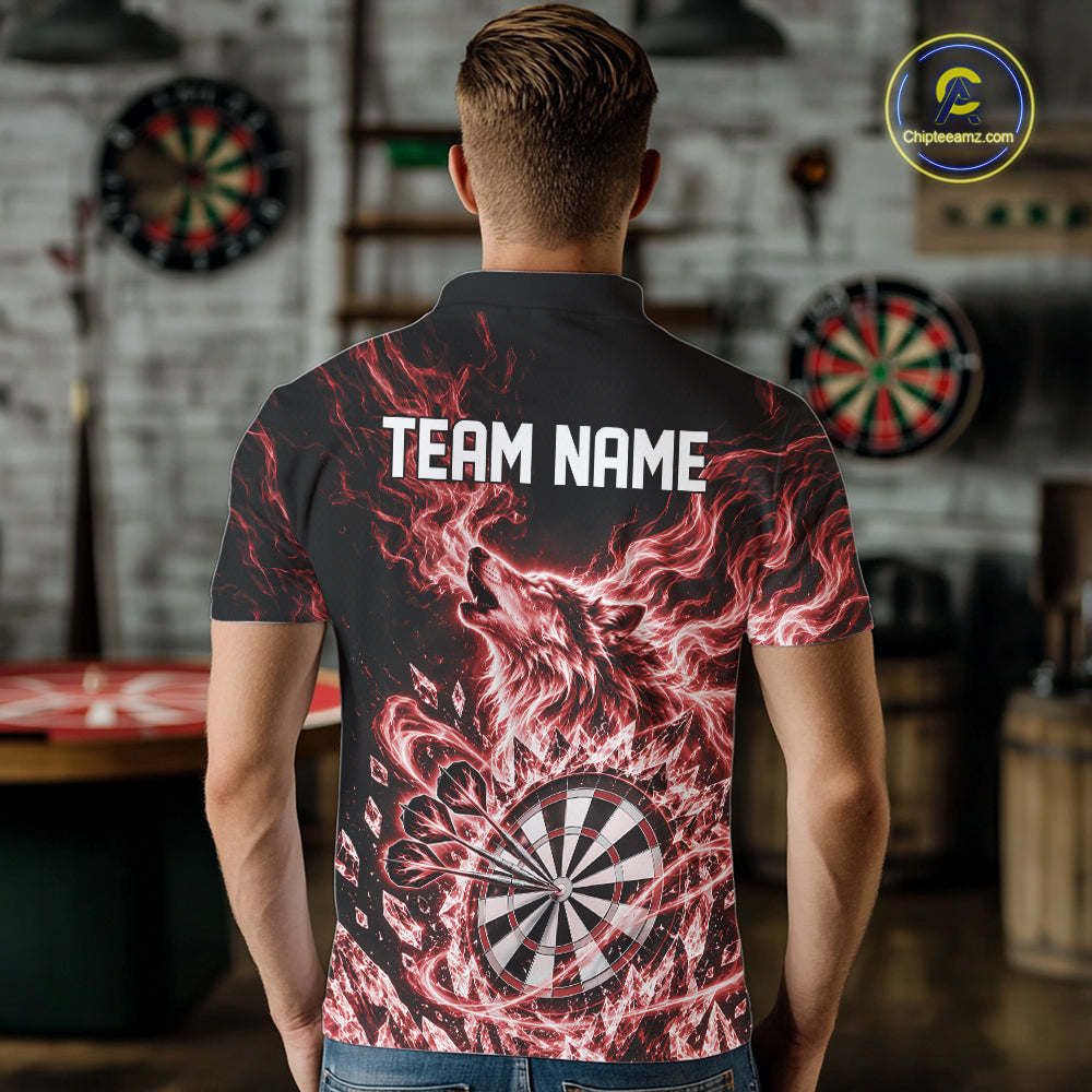 Custom Red Flame Wolf Dart Team Men Polo Shirt, Crystal Ice Dartboard Shirt IPHW12459