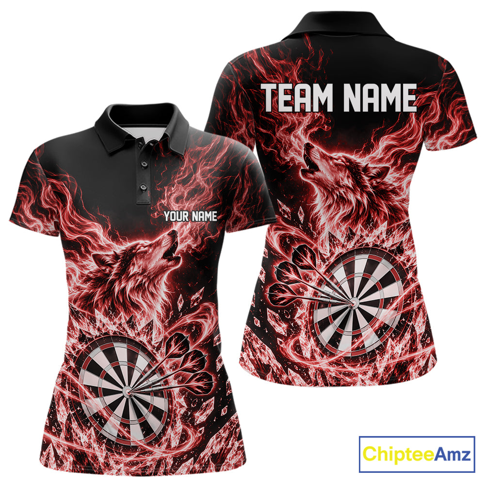 Custom Red Flame Wolf Dart Team Women Polo Shirt, Crystal Ice Dartboard Shirt IPHW12459