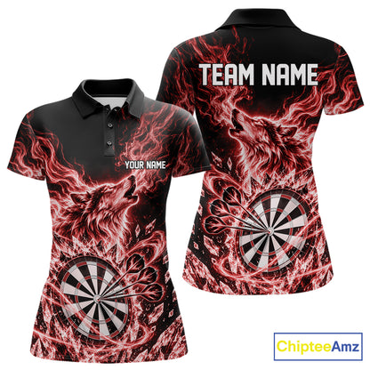 Custom Red Flame Wolf Dart Team Women Polo Shirt, Crystal Ice Dartboard Shirt IPHW12459