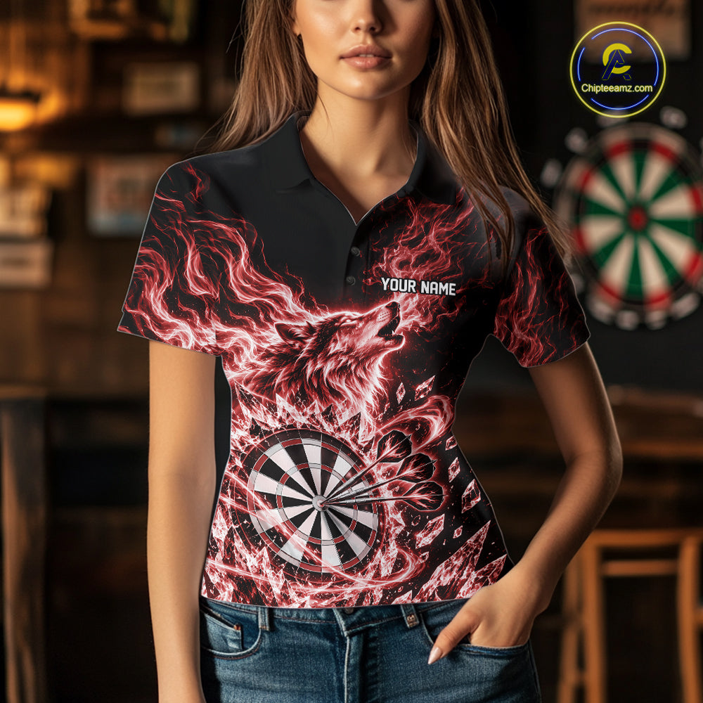 Custom Red Flame Wolf Dart Team Women Polo Shirt, Crystal Ice Dartboard Shirt IPHW12459