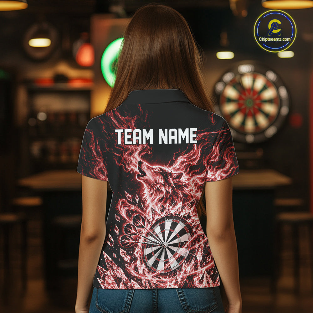 Custom Red Flame Wolf Dart Team Women Polo Shirt, Crystal Ice Dartboard Shirt IPHW12459