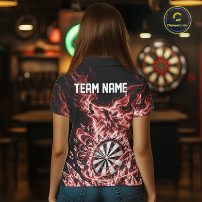 Custom Red Flame Wolf Dart Team Women Polo Shirt, Crystal Ice Dartboard Shirt IPHW12459