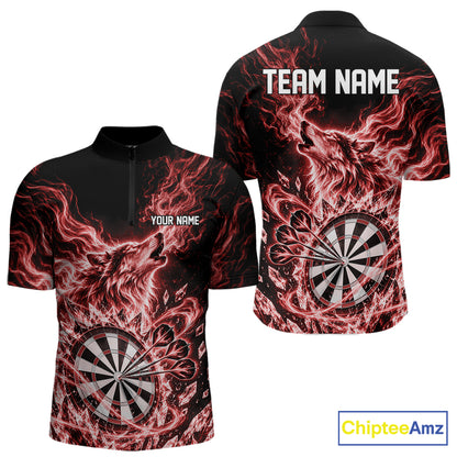 Custom Red Flame Wolf Dart Team Men Quarter Zip Shirt, Crystal Ice Dartboard Shirt IPHW12459