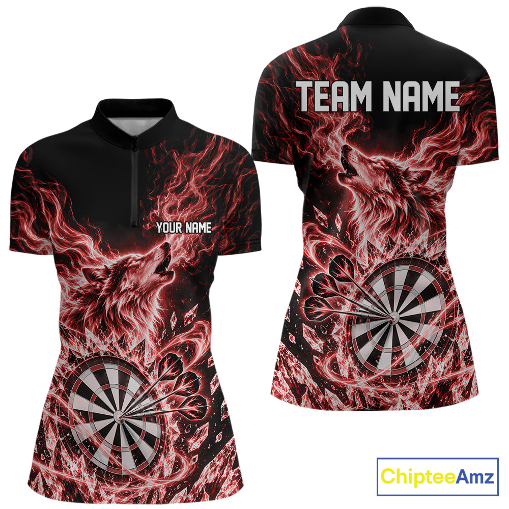 Custom Red Flame Wolf Dart Team Women Quarter-Zip Shirt, Crystal Ice Dartboard Shirt IPHW12459