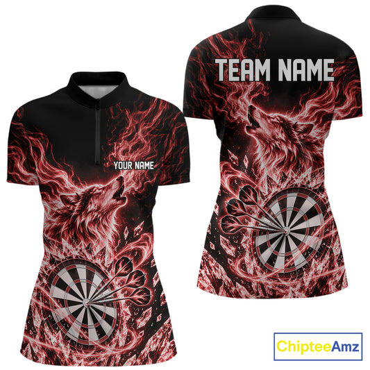 Custom Red Flame Wolf Dart Team Women Quarter-Zip Shirt, Crystal Ice Dartboard Shirt IPHW12459