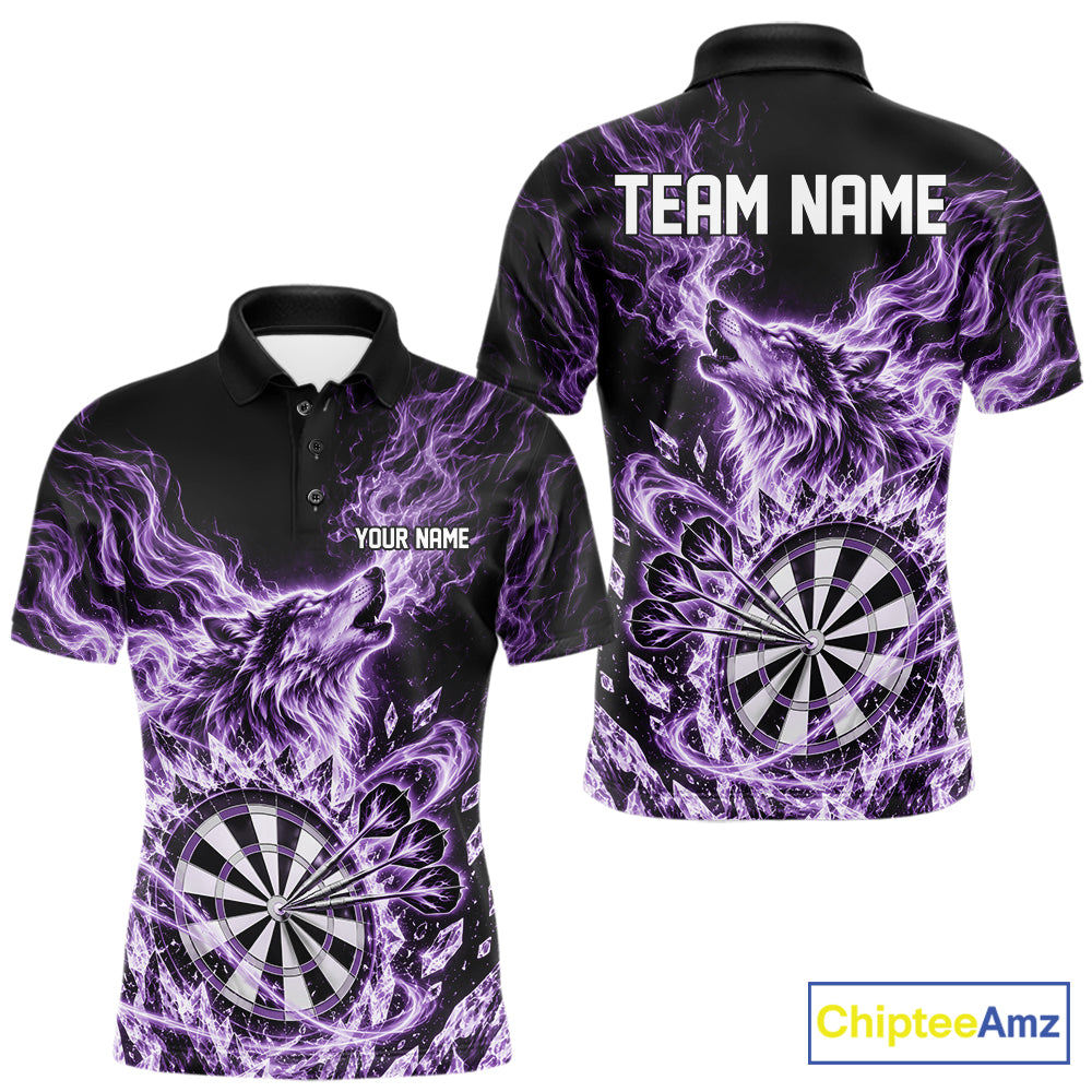 Custom Purple Flame Wolf Dart Team Men Polo Shirt, Crystal Ice Dartboard Shirt IPHW12460