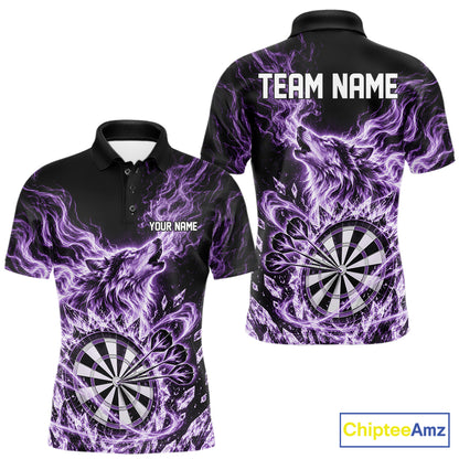 Custom Purple Flame Wolf Dart Team Men Polo Shirt, Crystal Ice Dartboard Shirt IPHW12460