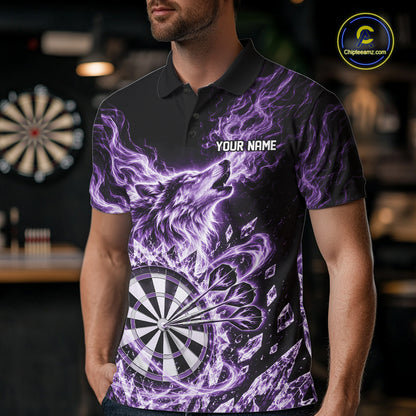 Custom Purple Flame Wolf Dart Team Men Polo Shirt, Crystal Ice Dartboard Shirt IPHW12460