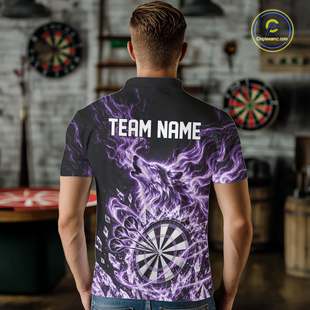 Custom Purple Flame Wolf Dart Team Men Polo Shirt, Crystal Ice Dartboard Shirt IPHW12460