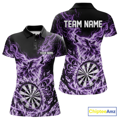 Custom Purple Flame Wolf Dart Team Women Polo Shirt, Crystal Ice Dartboard Shirt IPHW12460