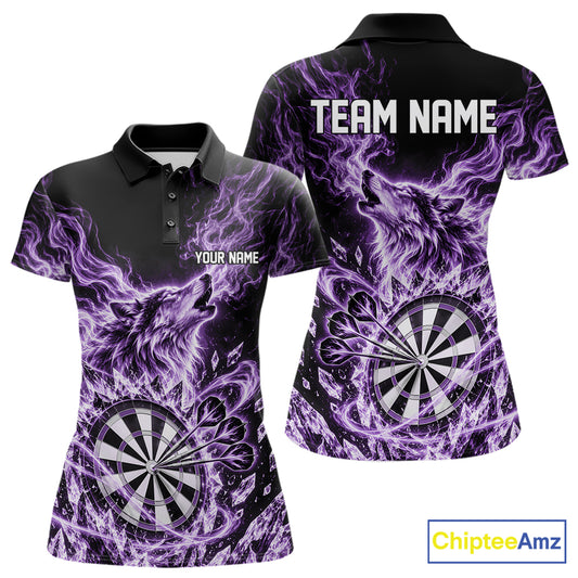 Custom Purple Flame Wolf Dart Team Women Polo Shirt, Crystal Ice Dartboard Shirt IPHW12460