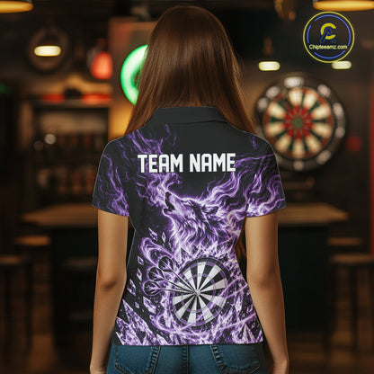 Custom Purple Flame Wolf Dart Team Women Polo Shirt, Crystal Ice Dartboard Shirt IPHW12460