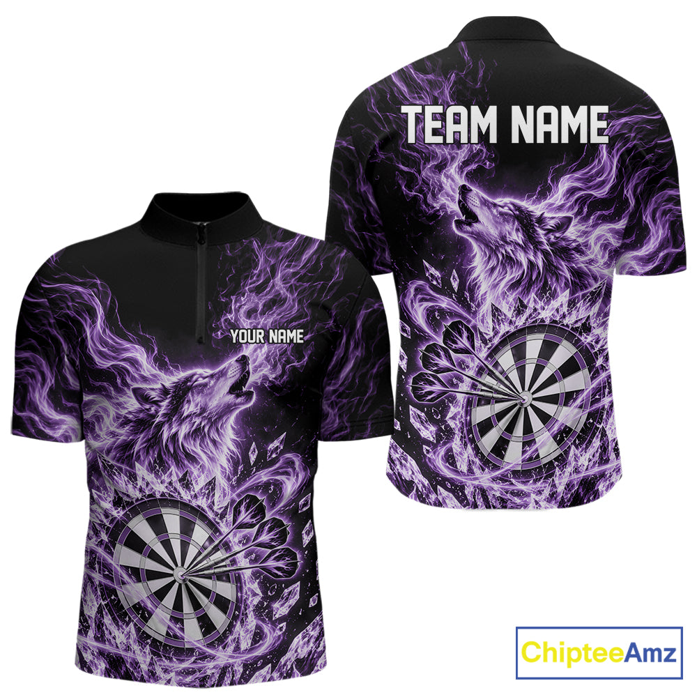 Custom Purple Flame Wolf Dart Team Men Quarter Zip Shirt, Crystal Ice Dartboard Shirt IPHW12460