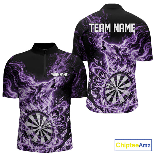Custom Purple Flame Wolf Dart Team Men Quarter Zip Shirt, Crystal Ice Dartboard Shirt IPHW12460