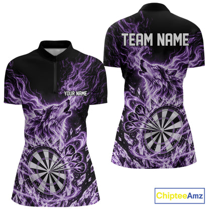 Custom Purple Flame Wolf Dart Team Women Quarter-Zip Shirt, Crystal Ice Dartboard Shirt IPHW12460