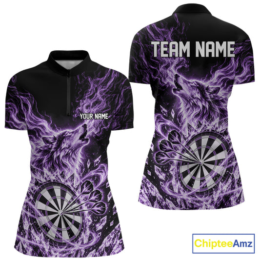 Custom Purple Flame Wolf Dart Team Women Quarter-Zip Shirt, Crystal Ice Dartboard Shirt IPHW12460