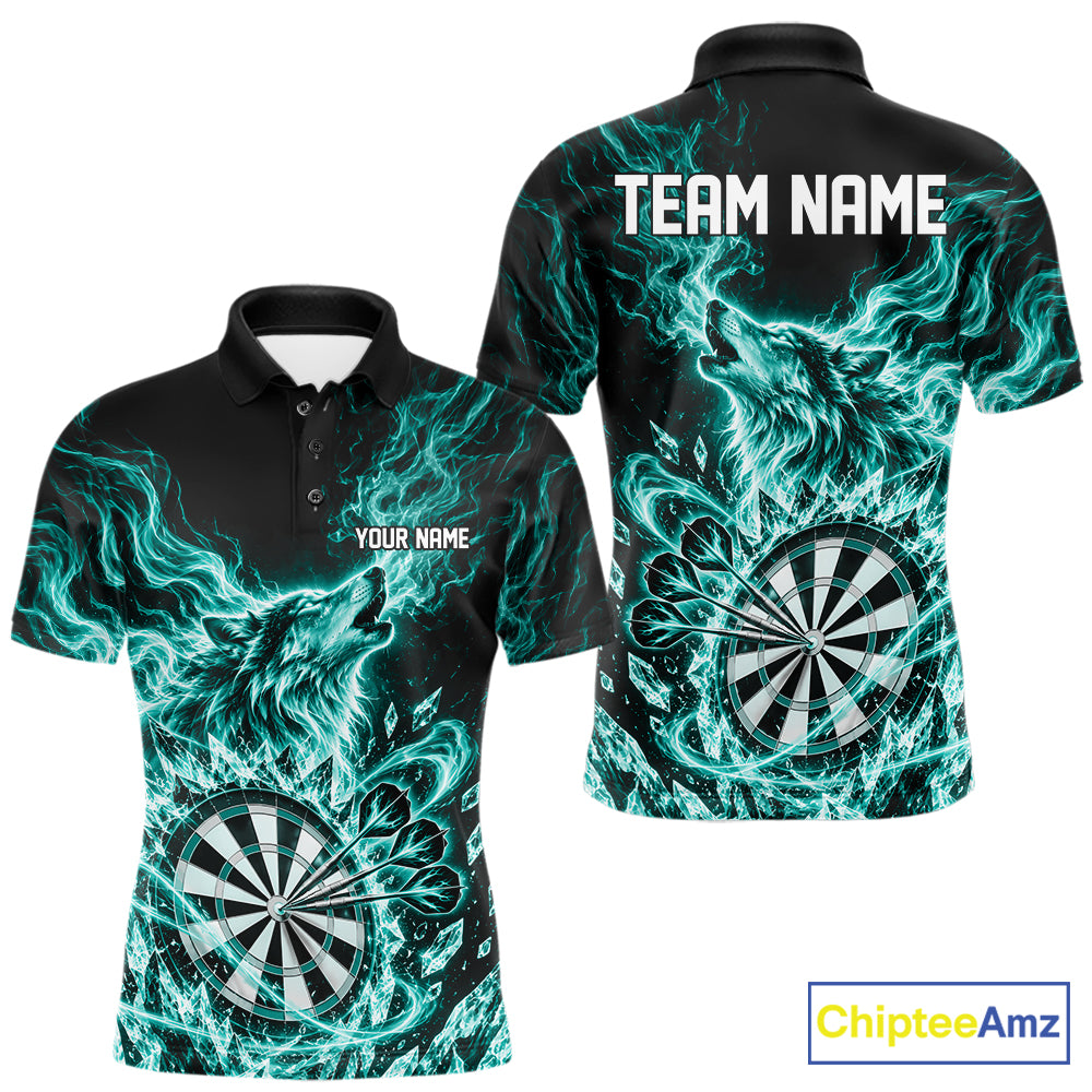 Custom Teal Green Flame Wolf Dart Team Men Polo Shirt, Crystal Ice Dartboard Shirt IPHW12461