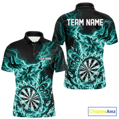 Custom Teal Green Flame Wolf Dart Team Men Polo Shirt, Crystal Ice Dartboard Shirt IPHW12461