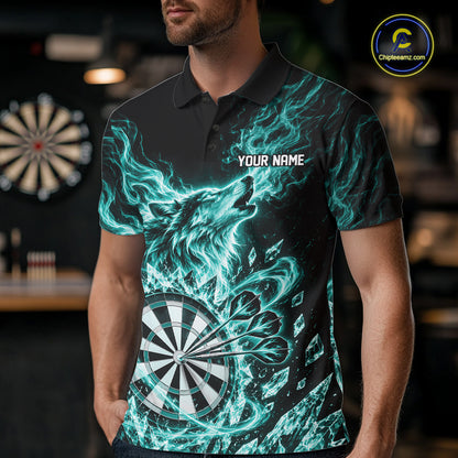 Custom Teal Green Flame Wolf Dart Team Men Polo Shirt, Crystal Ice Dartboard Shirt IPHW12461