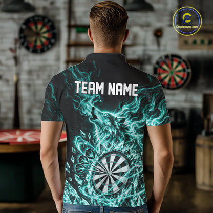 Custom Teal Green Flame Wolf Dart Team Men Polo Shirt, Crystal Ice Dartboard Shirt IPHW12461