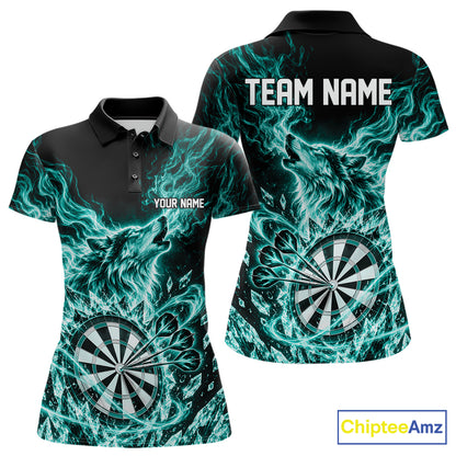 Custom Teal Green Flame Wolf Dart Team Women Polo Shirt, Crystal Ice Dartboard Shirt IPHW12461