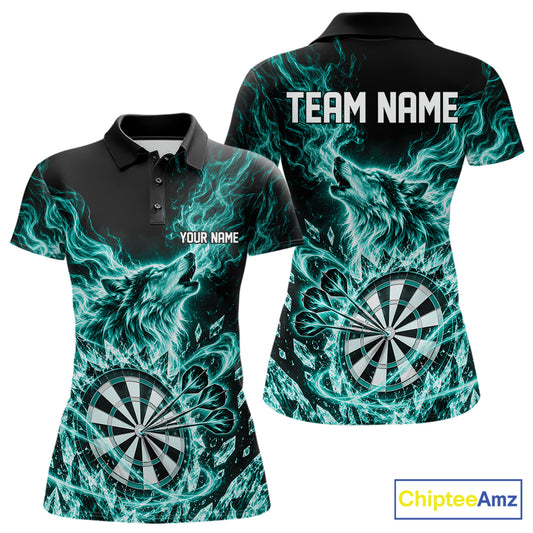 Custom Teal Green Flame Wolf Dart Team Women Polo Shirt, Crystal Ice Dartboard Shirt IPHW12461