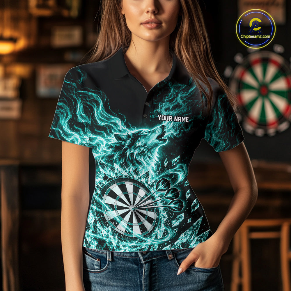 Custom Teal Green Flame Wolf Dart Team Women Polo Shirt, Crystal Ice Dartboard Shirt IPHW12461