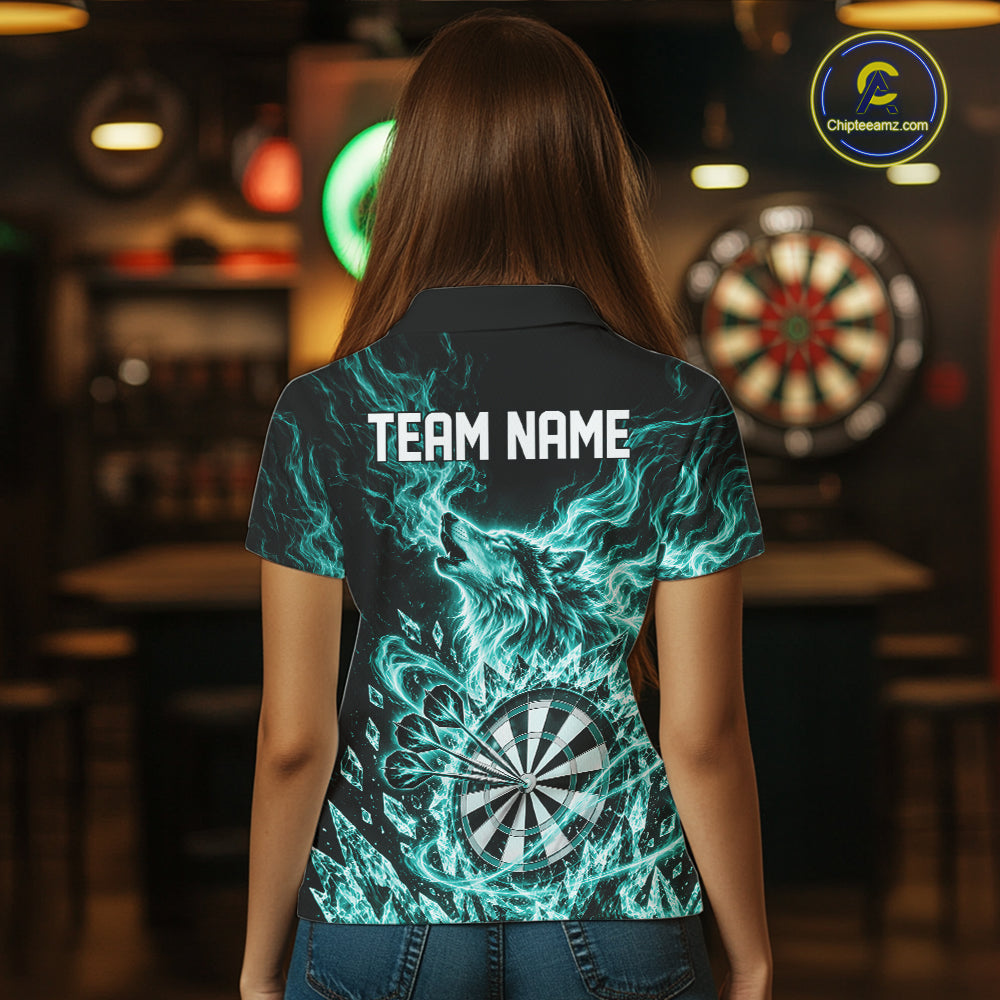 Custom Teal Green Flame Wolf Dart Team Women Polo Shirt, Crystal Ice Dartboard Shirt IPHW12461
