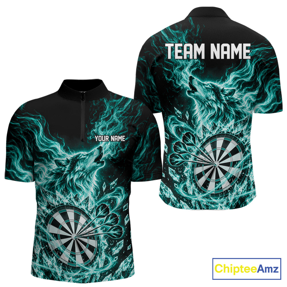 Custom Teal Green Flame Wolf Dart Team Men Quarter Zip Shirt, Crystal Ice Dartboard Shirt IPHW12461